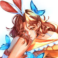 profile picture: a bunny girl with brown hair leaning on her head on her knees with blue butterflies landed on her body.